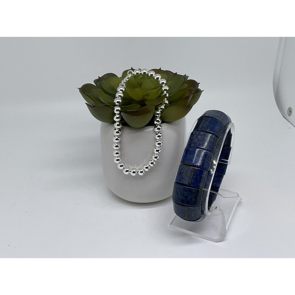 Blue Lapis Stretchy Bangle Bracelet w/ NEW 925 SS 6mm Ball Bead Bracelet - Picture 4 of 4